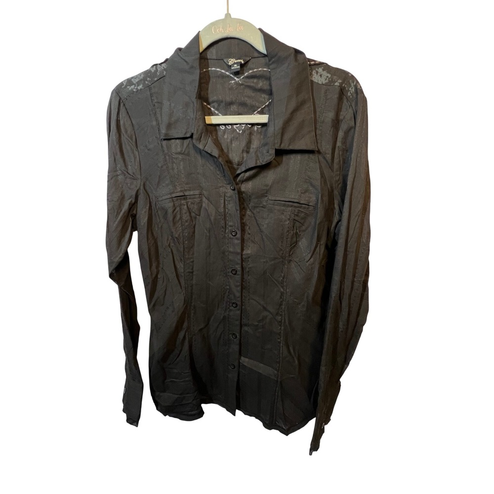 Guess Button Down Shirt Heart Wings Embellished Long Sleeve Top XL Black‎